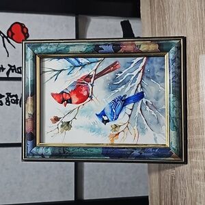 Framed 5x7 Blue Jay Red Cardinal Snow Birds Watercolor Painting Print